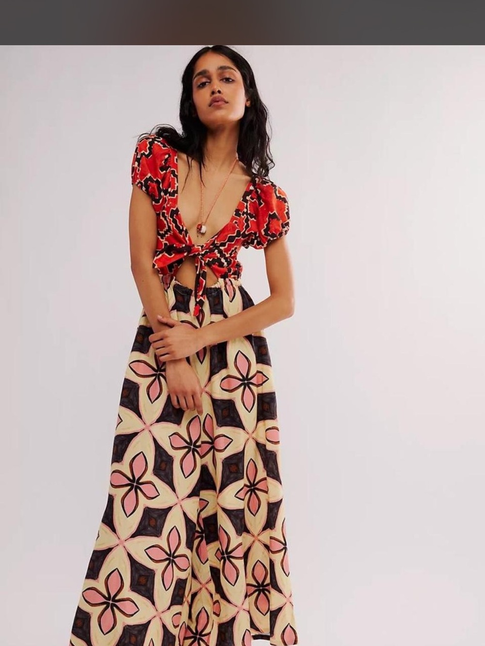 Free People Cream and Pink Floral Maxi Skirt